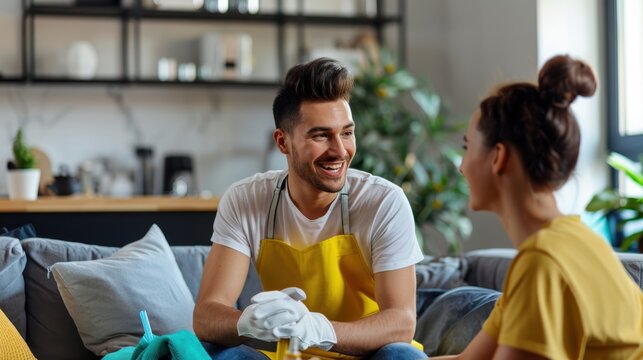 A cleaning company representative discussing cleaning needs with a client, emphasizing personalized and professional service