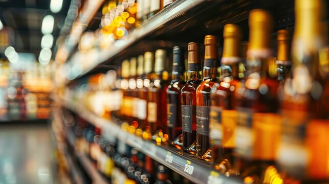 Bottles of Alcohol on Shelves in a Liquor Store. Generative ai