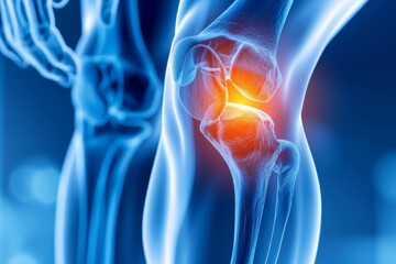 Detailed Xray scan of the knee, highlighting the intricate anatomy of bones, including the patella and femur, with sharp clarity