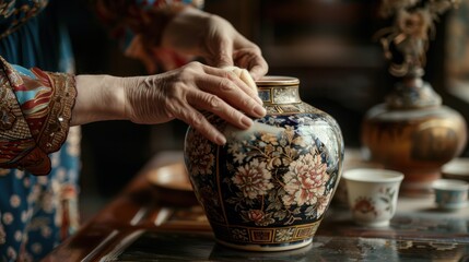 A housekeeper carefully wipes a delicate antique vase with a soft, damp rag, emphasizing the precision and care required for certain cleaning tasks.