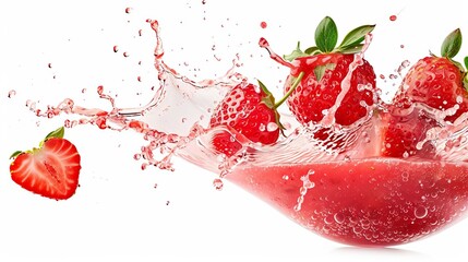 Fresh strawberries splashing into juice with vibrant red color and droplets frozen in motion on white background, highlighting their freshness.