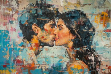 Fototapeta premium Morial with peeling paint with a young man kissing a young woman