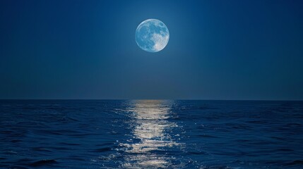 a Super Blue Moon on the Clear Night Sky above the Sea