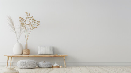 Modern boho interiors in neutral color with minimal furniture decor, copy space and natural lighting. Residential contemporary space for Real Estate advertising.
