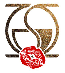 Gold logo on a white background. Coffee. Favourite drink. Colored pattern with gold elements. Lip print. Kiss. Red lipstick.