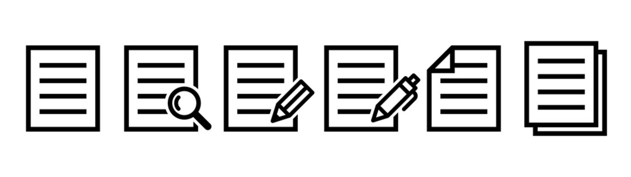 Document icon set. Document and magnifying glass, pen, pencil, etc.