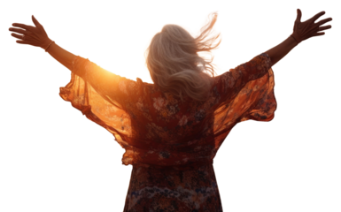 PNG Happy grandma with arms up enjoy freedom at the beach at sunset outdoors nature adult.