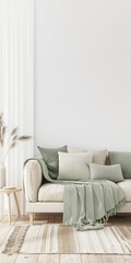 Modern boho interiors in neutral color with minimal furniture decor, copy space and natural lighting. Residential contemporary space for Real Estate advertising.