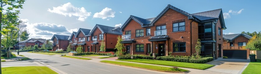 A row of houses are lined up on a street with a dirt road in between. The houses are all different sizes and styles, but they all have a similar appearance