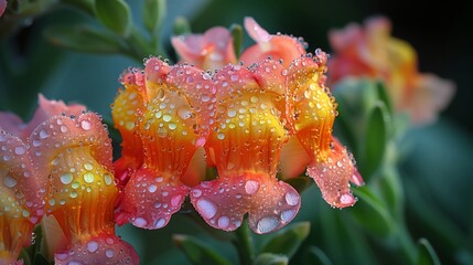 Dew-covered snapdragons glisten in the early morning light, each petal adorned with tiny droplets of water. The vibrant colors of the flowers are magnified by the droplets, creatin