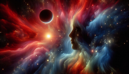 Cosmic Dreams Silhouette of a Face in a Vibrant Nebula