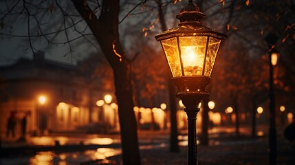 Illuminated street lamp glowing in the dark night.