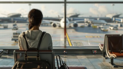 Adventure Awaits Traveler at Airport Gazing at Runway with Passport in Hand