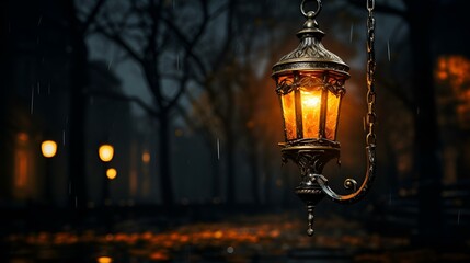 A rain-soaked street lamp stands amidst trees in the background.