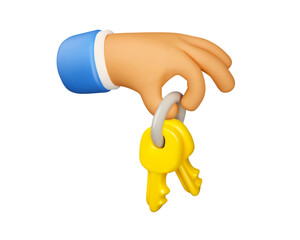Bunch of keys in hand icon. Mortgage or apartment rent concept. Cartoon vector 3d character arm hold in fingers yellow door key.
