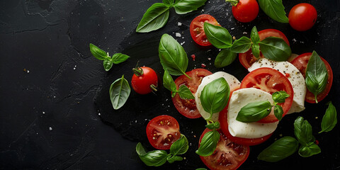 Caprese salad with mozzarella cheese tomatoes and basil on black background
