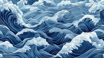 seamless pattern of ocean waves in the style of traditional Japanese art, vector illustration, hand drawn, flat design, blue and white colors, high resolution, highly detailed, high definition
