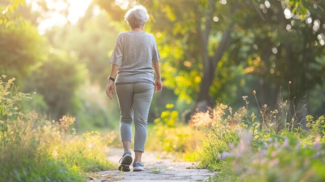 A cancer patient walking outdoors in nature, emphasizing the importance of gentle exercise to promote good sleep post-treatment.