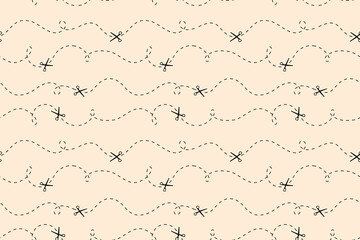 Cut here seamless pattern. Vector scissors with dotted lines, paper cut here seamless pattern for ticket, coupon, promo code.