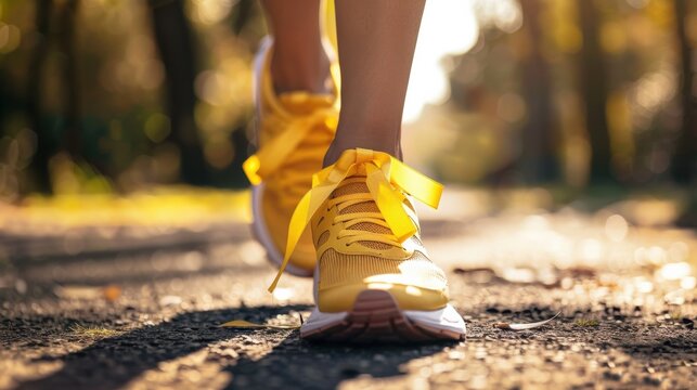 A person wearing running shoes with gold ribbons, symbolizing participation in a fundraising race for childhood cancer research - Powered by Adobe