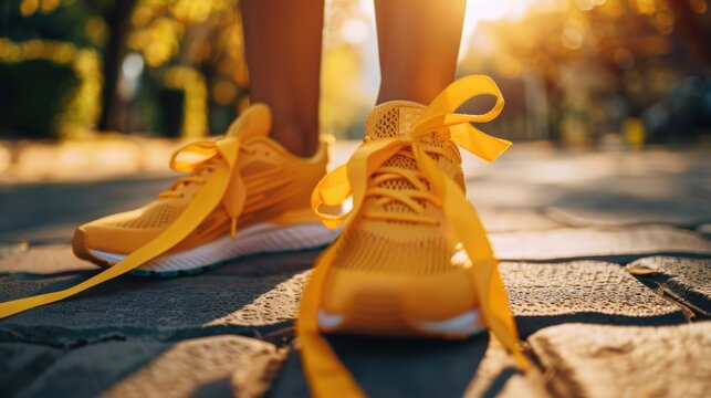 A person wearing running shoes with gold ribbons, symbolizing participation in a fundraising race for childhood cancer research