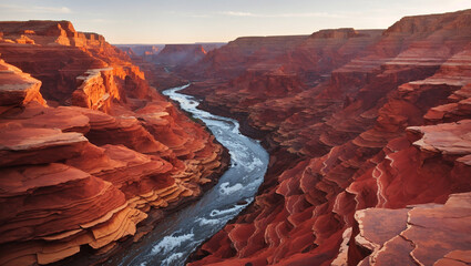 A winding river flows through a deep canyon