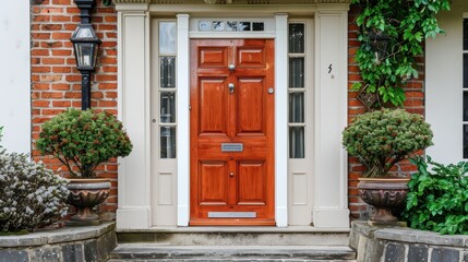 Fototapeta premium A large black door with two lights on top of it. The door is made of wood and has a black trim. There are two potted plants on either side of the door, one on the left and one on the right