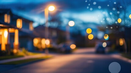 Soft-focus blur of a residential neighborhood at night, with bokeh lights from street lamps and illuminated windows