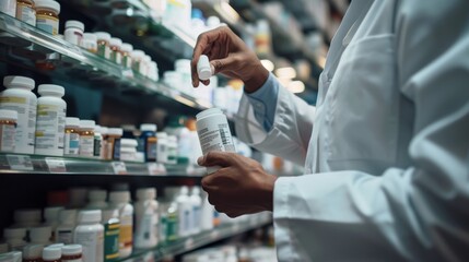 Naklejka premium Precision in Practice Pharmacist Filling Prescription Bottle with Care Shelves of Medicine in Soft Focus