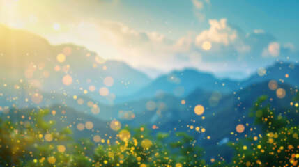 Obraz premium Blurred background of a mountain range with distant peaks and soft bokeh lights from sunlit clouds