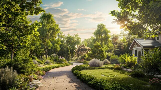 Tranquil Oasis Buyers Strolling Through Enchanting Garden Path to Dream Home Surrounded by Lush Landscaping