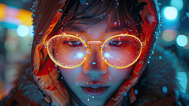 Close-up of woman digital eye with dot network flying through. Artificial intelligence technology