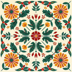 Obraz premium Seamless vintage floral wallpaper with yellow flowers and ornate leaf decorations