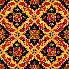 Fototapeta premium Seamless vintage floral wallpaper with yellow flowers and ornate leaf decorations