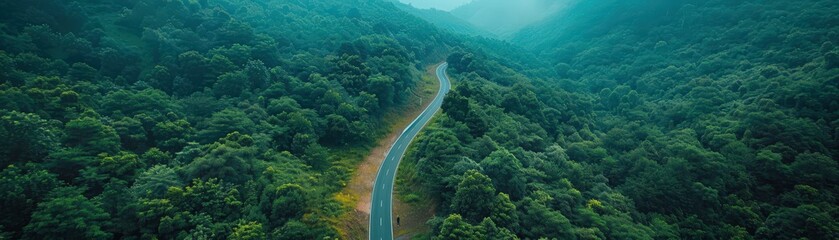 Fototapeta premium A breathtaking aerial shot of a winding road cutting through dense, green forested mountains, enveloped in mist, creating a serene and tranquil atmosphere.