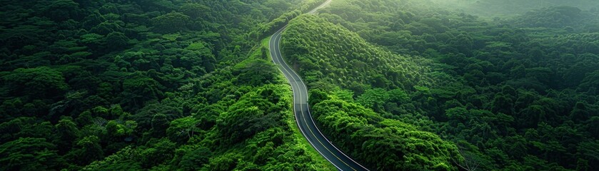 Fototapeta premium A stunning aerial photograph showcasing a winding road cutting through dense, vibrant green forested hills under a clear sky.