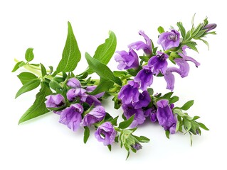 Naklejka premium Close-up of vibrant purple flowers with green leaves on a white background, showcasing natural beauty and floral elegance.