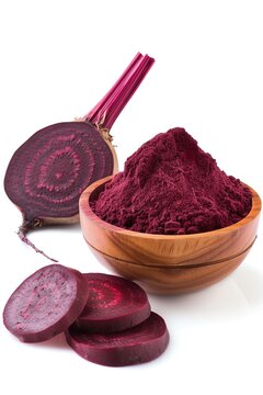 Wooden bowl of vibrant beetroot powder with fresh beet slices on a white background. Perfect for healthy recipes and natural coloring.