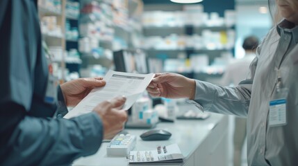 Prescription Exchange Intimate Moment at Pharmacy Counter Capturing Connection and Care