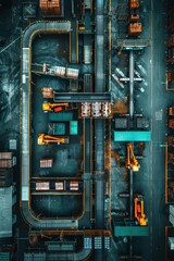 High-angle shot of a contemporary factory showcasing conveyor belts, machinery, and organized storage areas in a vibrant industrial setting.