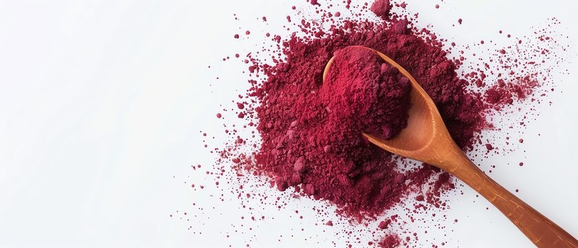 Wooden spoon with vibrant red beetroot powder on a white background. Ideal for culinary, health, and organic food concepts.