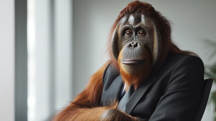 Orangutan in a business suit, office environment.