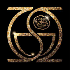Gold logo on a black background. Coffee. Favourite drink. Colored pattern with gold elements. Lip print. Kiss.