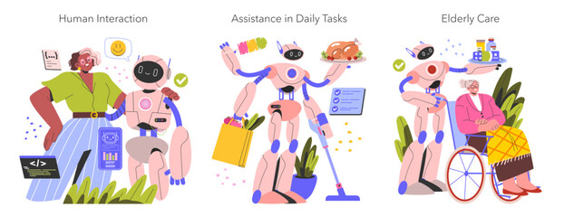 Fototapeta premium Robot Assistants. Flat Vector Illustration