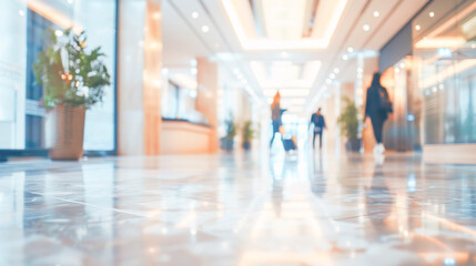 A softly blurred photo of a residential building lobby with decorative lighting and residents entering and exiting