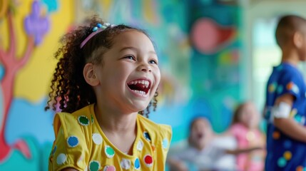 A group of children with cancer laughing and playing in a brightly colored hospital playroom, fostering joy and resilience