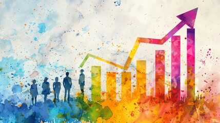 Naklejka premium A colorful abstract illustration depicting a group of people standing in front of a growing bar graph, symbolizing growth and success.