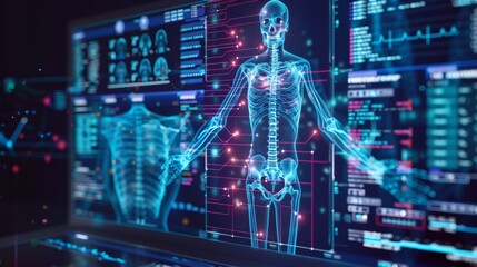 A digital rendering of a human skeleton displayed on a computer screen, representing data visualization and medical technology.