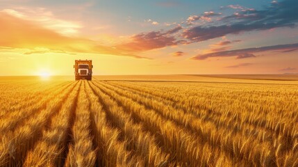 Fototapeta premium Harvesting Golden Wheat Fields with Yellow Combine Harvester