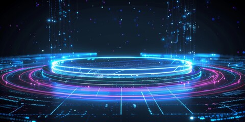 Illuminated platform with vibrant shades of blue and purple neon lights set in a dark, cutting-edge setting for data visualization